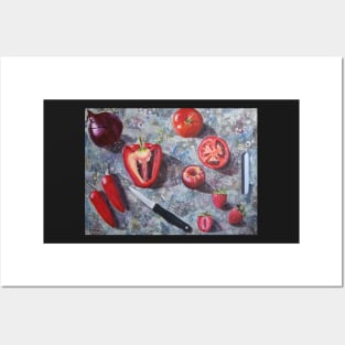 Chopping board with red fruit and vegetables Posters and Art